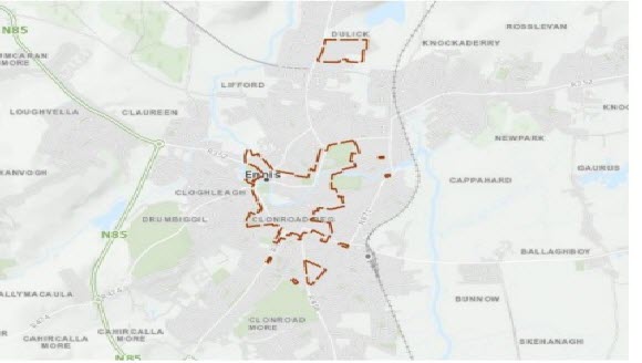 Image of map of the Architectural Conservation Areas in Ennis